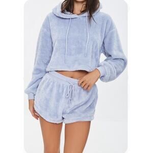 Forever 21 Blue Cloud Plush Drawstring Lounge Hoodie Shorts 2 Piece Set Size S
